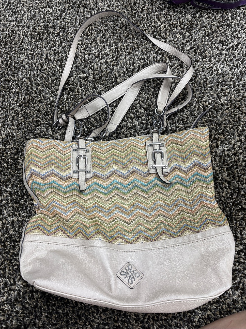 Woven Chevron Tote Bag with Cream Leather Trim